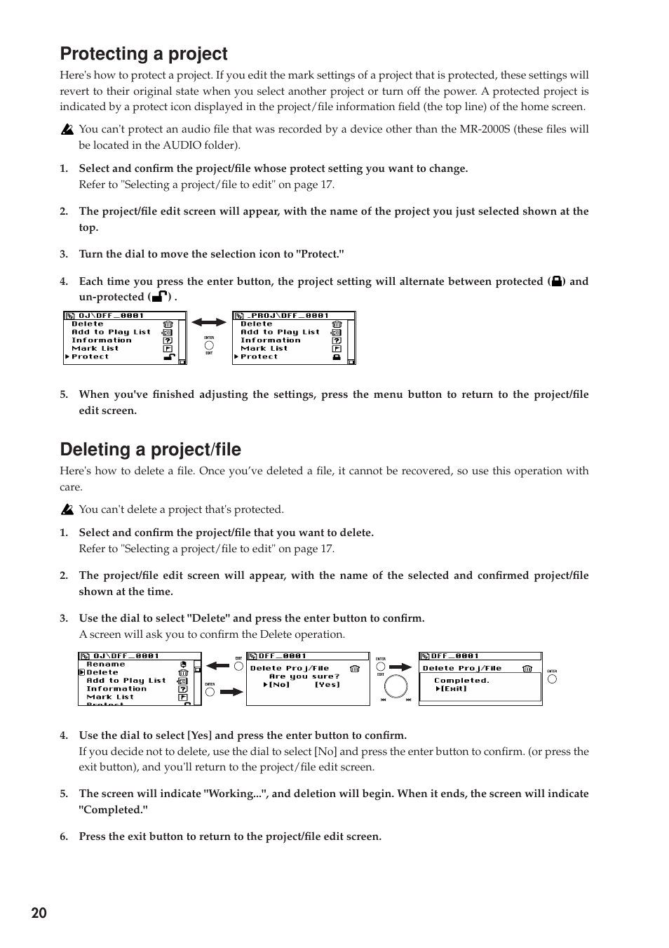 Protecting a project, Deleting a project/file, P.20) | KORG MR-2000S User Manual | Page 20 / 42