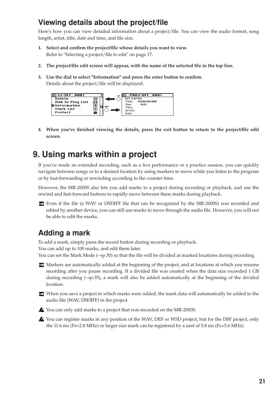 Viewing details about the project/file, Using marks within a project, Adding a mark | P.21) | KORG MR-2000S User Manual | Page 21 / 42