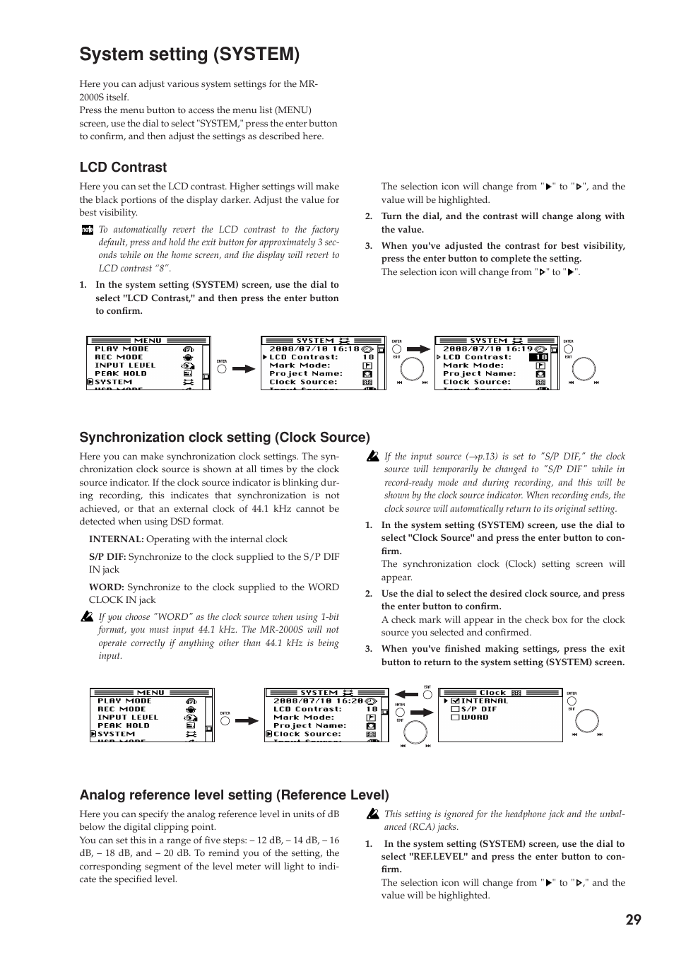 System setting (system), Lcd contrast, Synchronization clock setting (clock source) | Analog reference level setting (reference level), Synchronization, Clock setting (clock source), Analog reference, Level setting (reference level), P.29). if synchr, P.29). however | KORG MR-2000S User Manual | Page 29 / 42