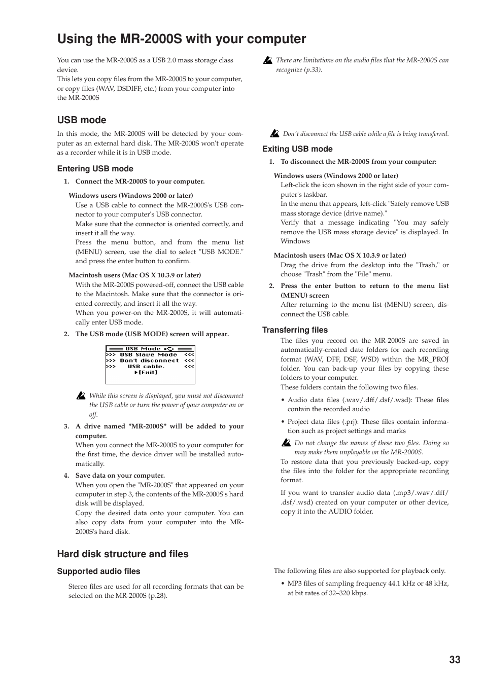 Using the mr-2000s with your computer, Usb mode, Hard disk structure and files | Using the mr-2000s, With your computer, P.33 "hard disk structure and files"), P.33 "using the mr-2000s with your computer") | KORG MR-2000S User Manual | Page 33 / 42