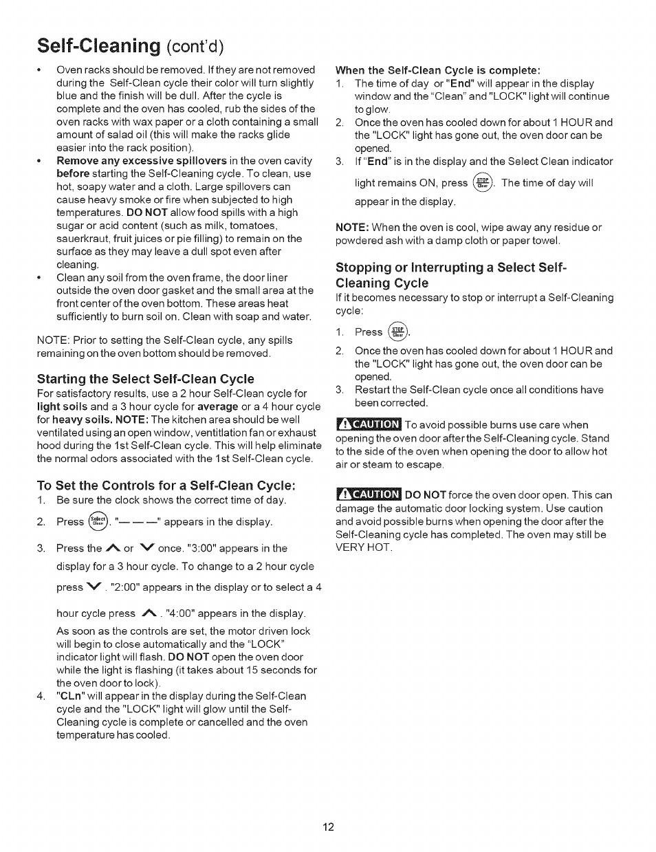 Starting the select self-clean cycle, To set the controls for a self-clean cycle, When the self-clean cycle is complete | Self-cleaning (confd) | Kenmore 7863* User Manual | Page 12 / 17