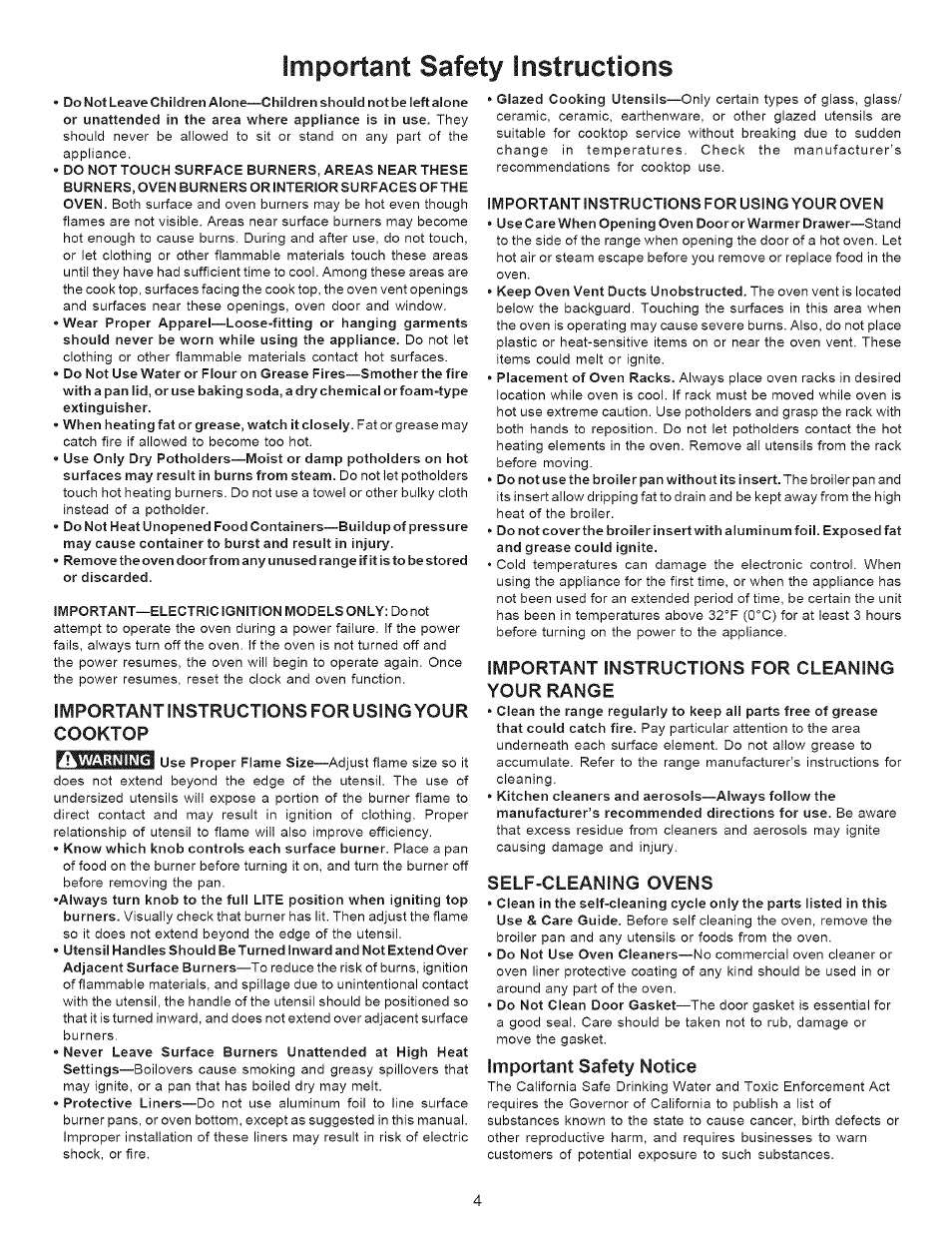 Important instructions for usingyour cooktop, Important instructions for usingyour oven, Important instructions for cleaning your range | Self-cleaning ovens, Important safety notice, Important safety instructions | Kenmore 7863* User Manual | Page 4 / 17