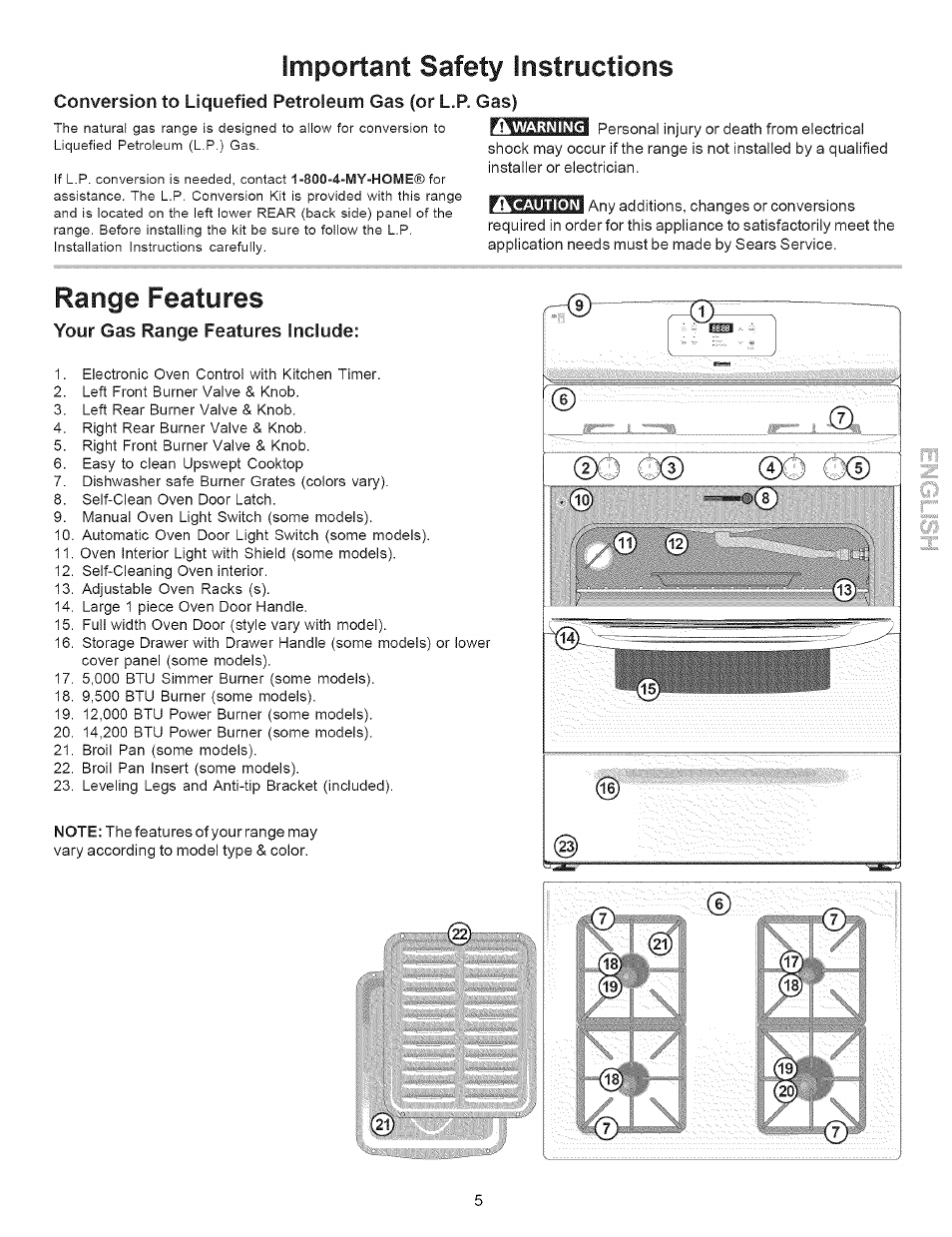 Your gas range features include, Important safety instructions, Range features | Kenmore 7863* User Manual | Page 5 / 17