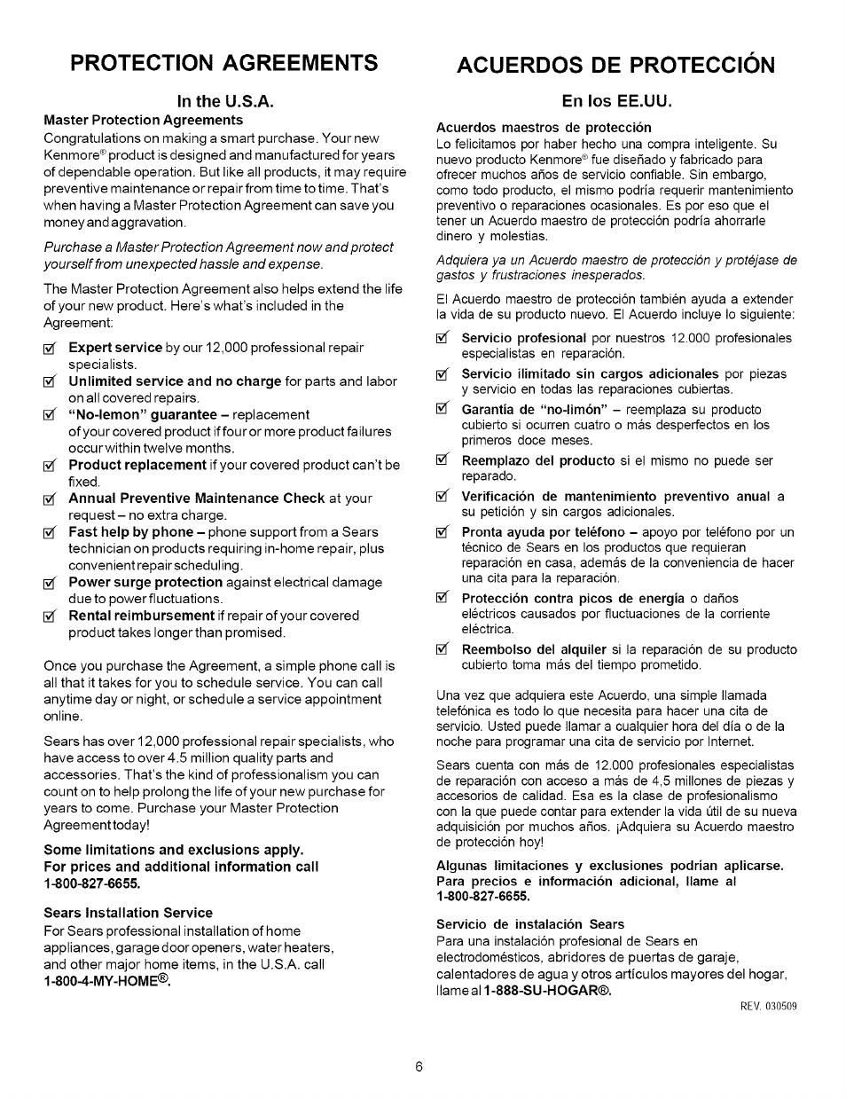 Protection agreements, Acuerdos de proteccion, In the u.s.a | Sears installation service, En los ee.uu, 0f protección contra picos de energía o daños, Servicio de instalación sears, Protection agreements acuerdos de proteccion | Kenmore 7863* User Manual | Page 6 / 17