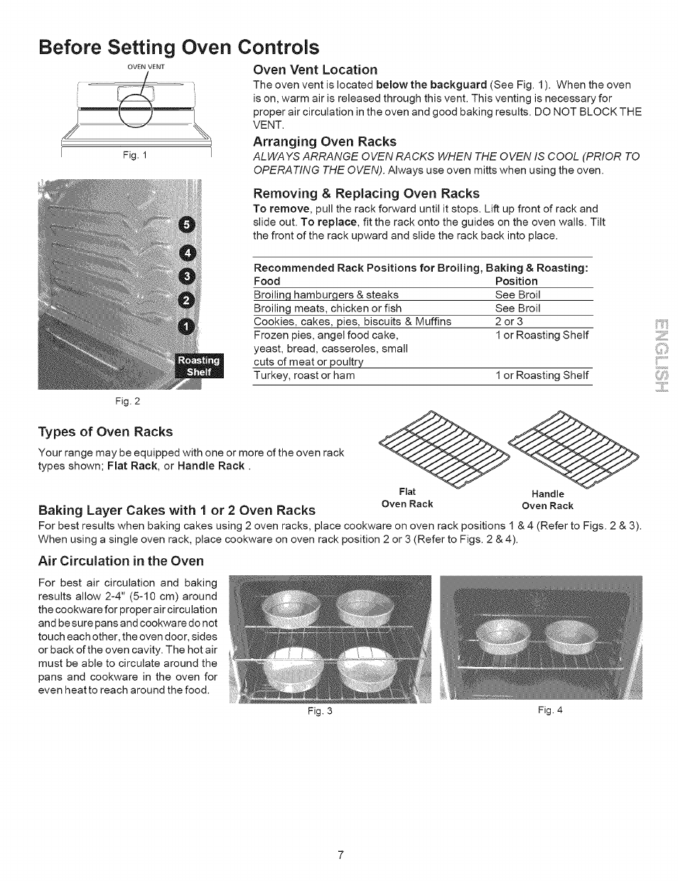 Arranging oven racks, Removing & replacing oven racks, Types of oven racks | Baking layer cakes with 1 or 2 oven racks, Air circulation in the oven, Before setting oven controls | Kenmore 7863* User Manual | Page 7 / 17