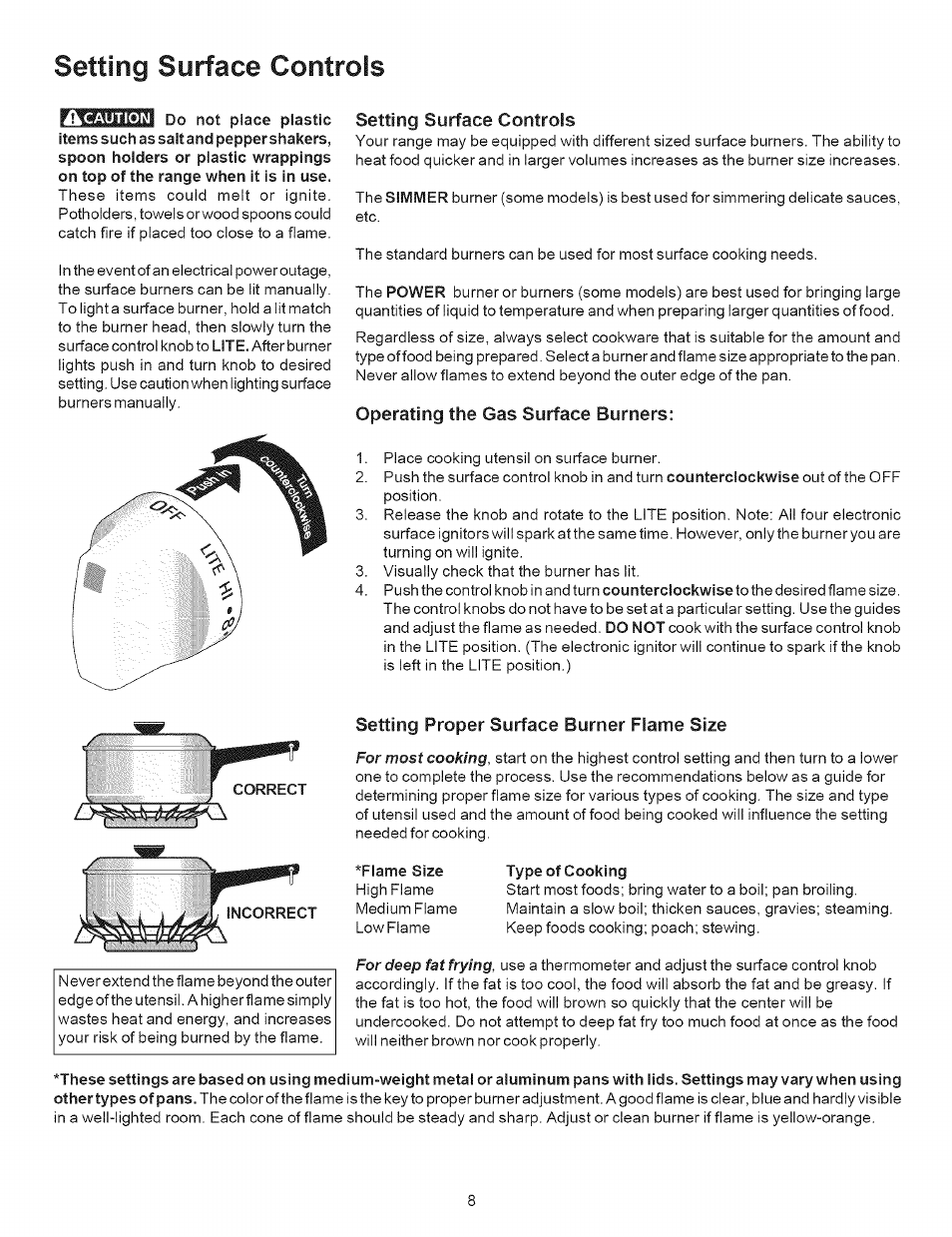 Setting surface controls, Operating the gas surface burners, Setting proper surface burner flame size | Kenmore 7863* User Manual | Page 8 / 17