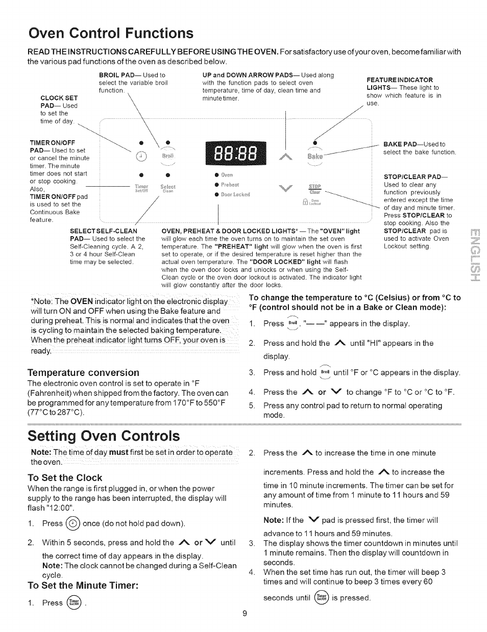 Temperature conversion, To set the clock, Oven control functions | Setting oven controls | Kenmore 7863* User Manual | Page 9 / 17