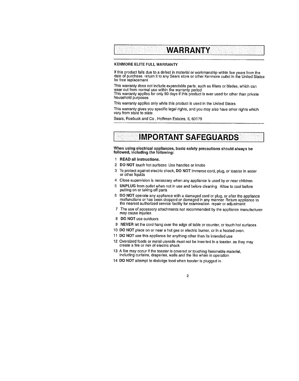 Warranty, Important safeguards | Kenmore 100.90003 User Manual | Page 2 / 8