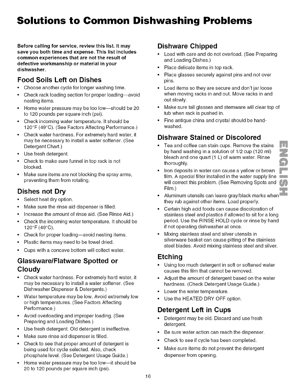 Food soils left on dishes, Dishes not dry, Giassware/flatware spotted or cloudy | Dishware chipped, Dishware stained or discoiored, Etching, Detergent left in cups, Solutions to common dishwashing problems | Kenmore 587.161500 User Manual | Page 16 / 36