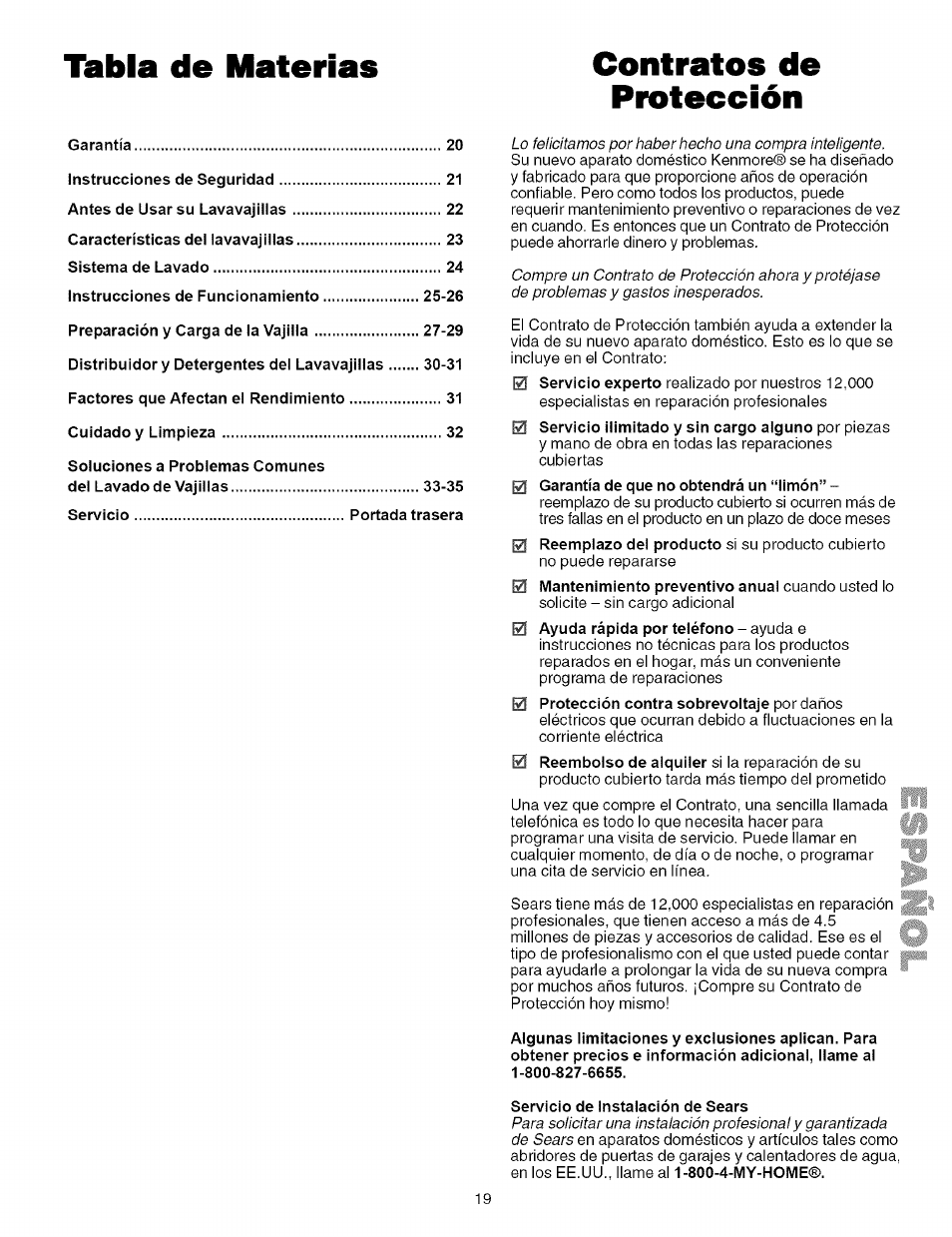 Contratos de protección, Tabla de materias contratos de protección | Kenmore 587.161500 User Manual | Page 19 / 36