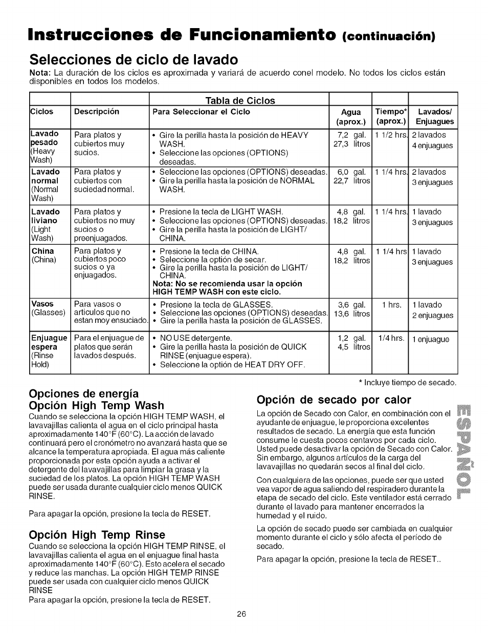 Instrucciones de funcionamiento (continuación), Opciones de energía opción high temp wash, Opción high temp rinse | Opción de secado por caior, Instrucciones de funcionamiento, Selecciones de ciclo de lavado, Continuación) | Kenmore 587.161500 User Manual | Page 26 / 36