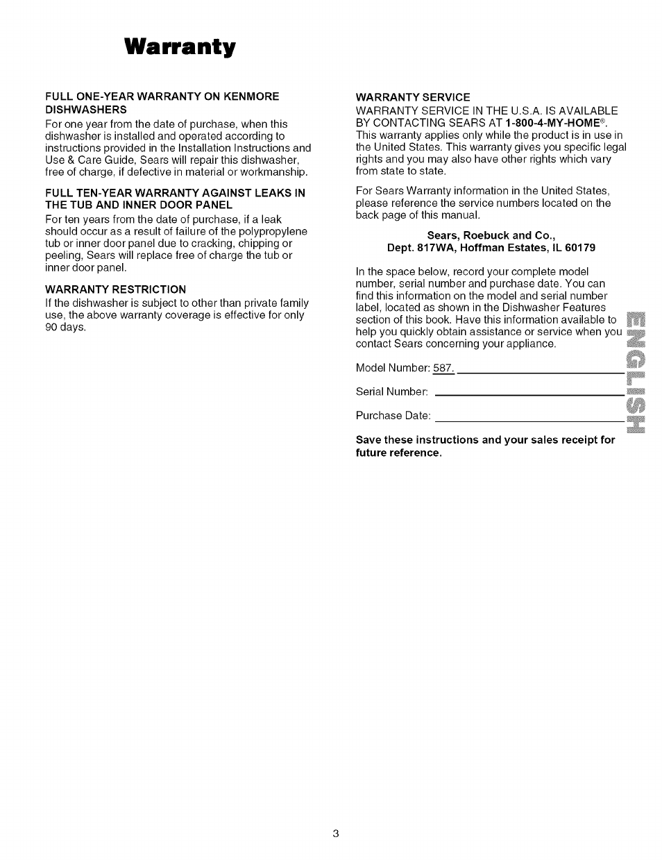 Warranty | Kenmore 587.161500 User Manual | Page 3 / 36