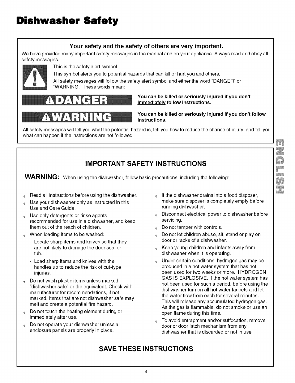 Important safety instructions, Save these instructions, Safety instructions | Dishwasher safety, Adange a warning | Kenmore 587.161500 User Manual | Page 4 / 36