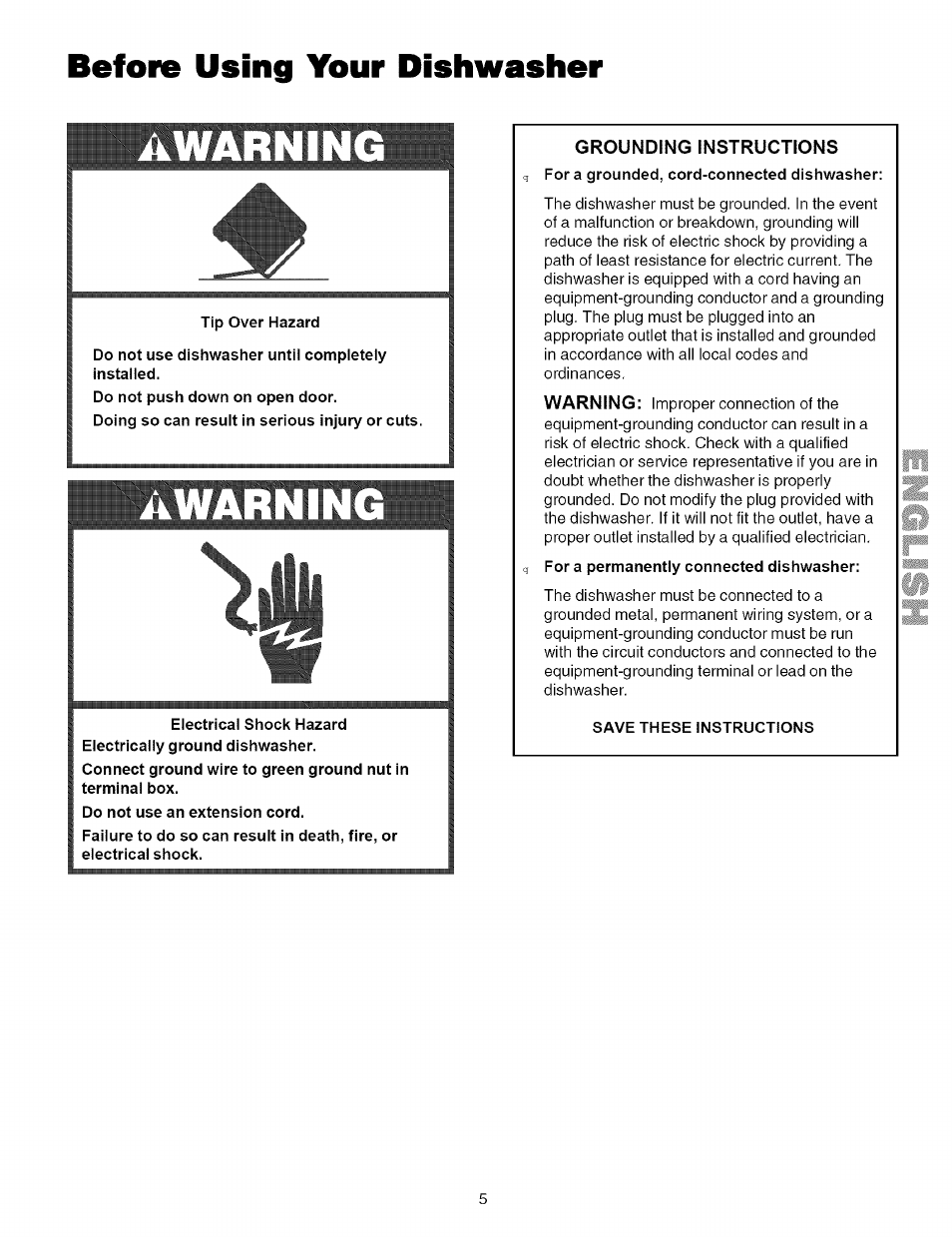 Before using your dishwasher, A warn in, Awarning | Kenmore 587.161500 User Manual | Page 5 / 36