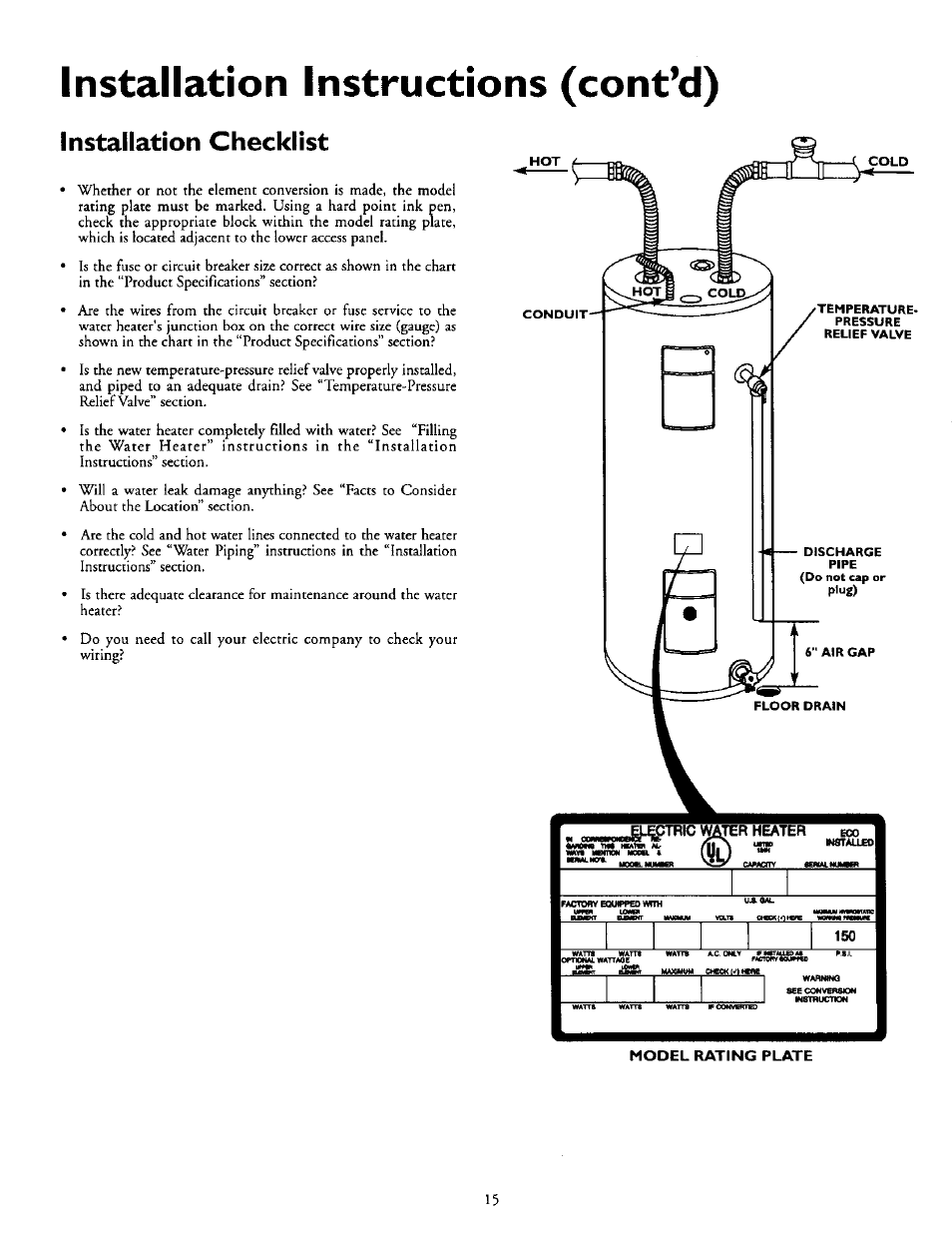 Installation instructions (cont’d), Installation checklist | Kenmore POWER MISER 153.316555 User Manual | Page 15 / 32