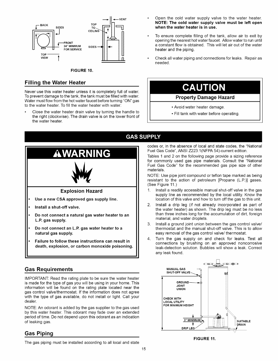 Figure 10, Filling the water heater, Property damage hazard | Gas supply, Gas requirements, Gas piping, Removing the old water heater, Location requirements, Gas supply -16, Caution | Kenmore 153.339432 User Manual | Page 15 / 40