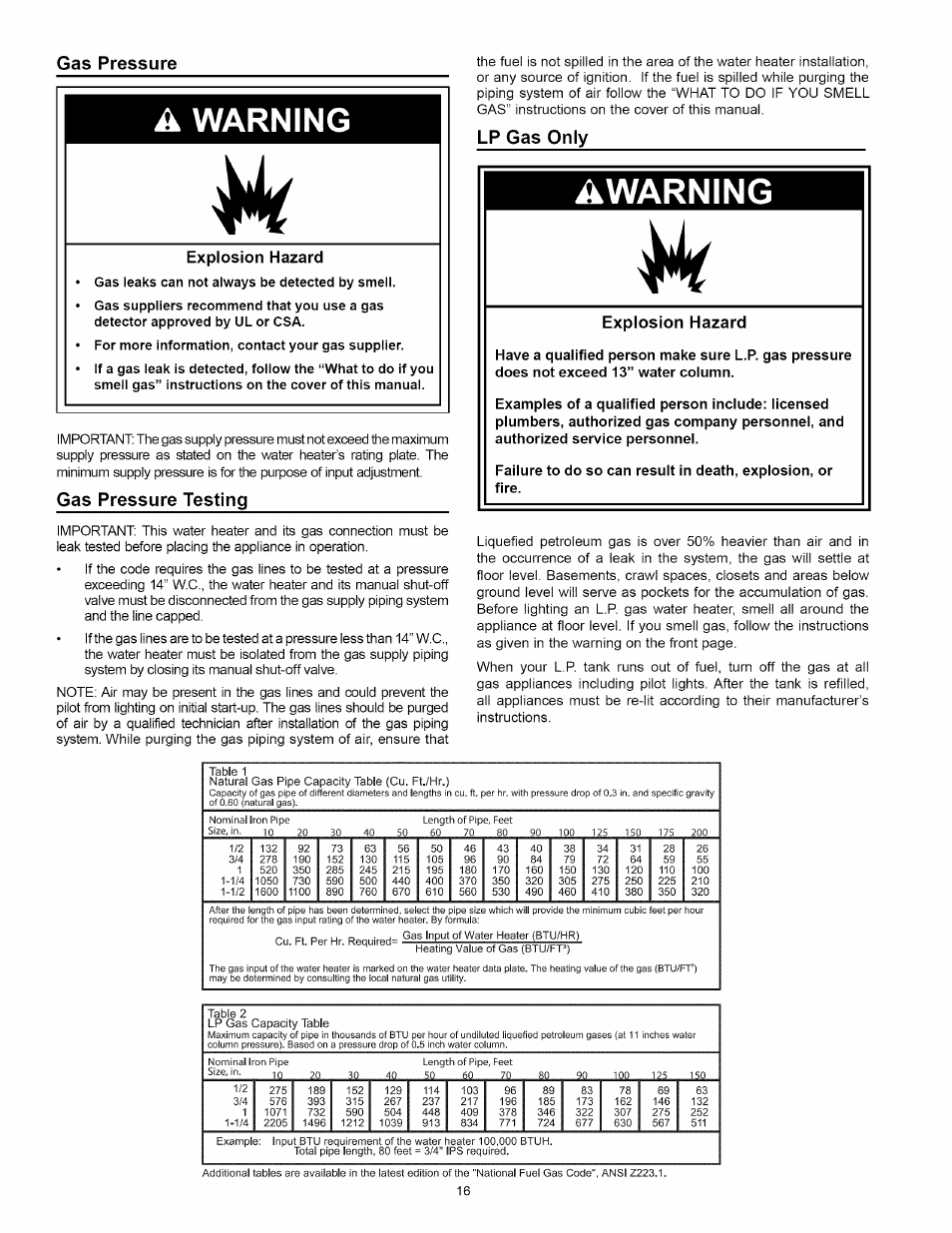 Gas pressure, Explosion hazard, Gas pressure testing | Lp gas only, A warning, Awarning | Kenmore 153.339432 User Manual | Page 16 / 40