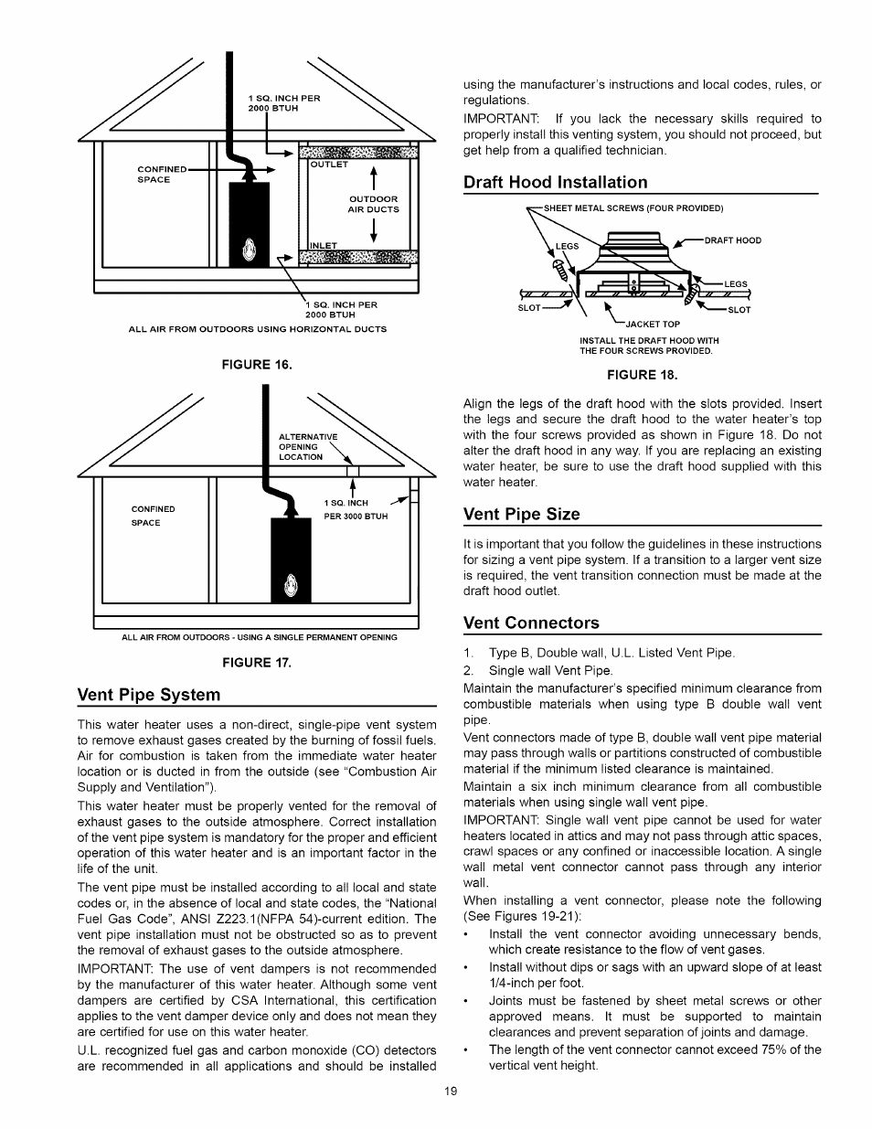 Vent pipe system, Draft hood installation, Vent pipe size | Vent connectors | Kenmore 153.339432 User Manual | Page 19 / 40