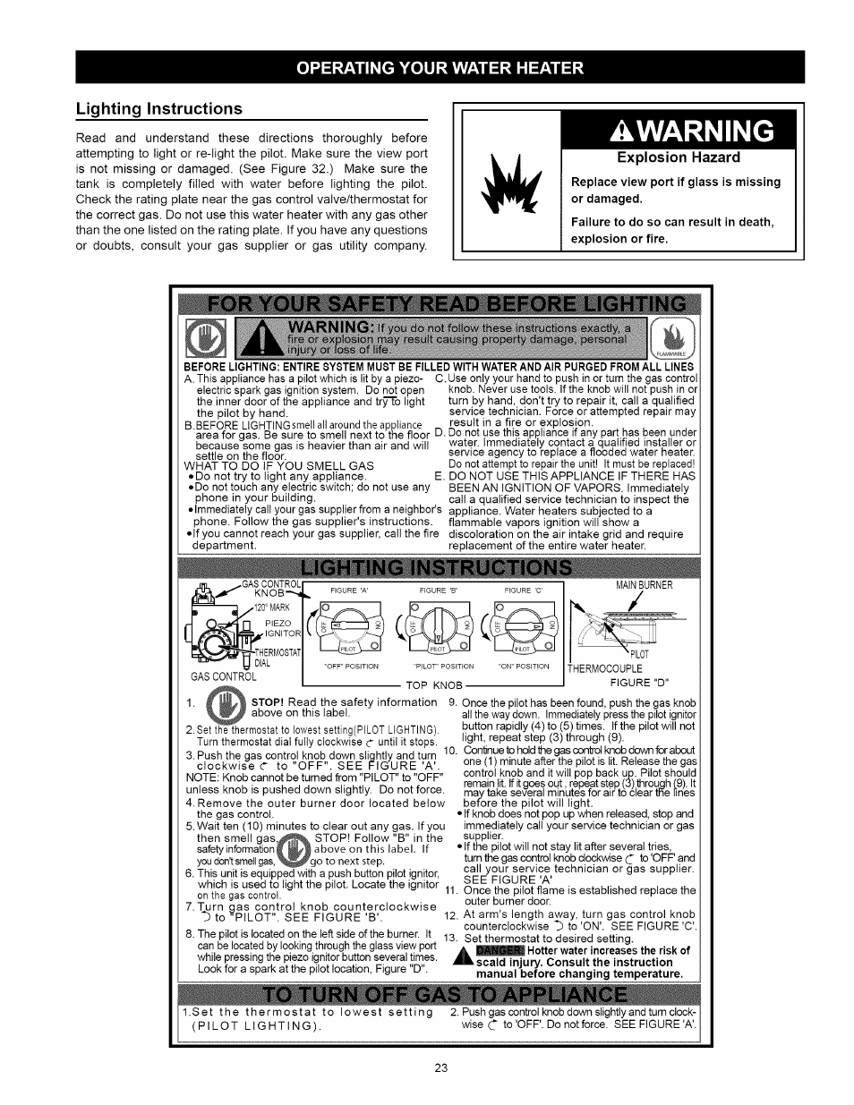 Operating your water heater, Lighting instructions, Explosion hazard | Replace view port if glass is missing or damaged, For your safety read before lighting, Manual, To turn off gas to appliance, Installation instructions -15, Operating your water heater -25, Awarning | Kenmore 153.339432 User Manual | Page 23 / 40