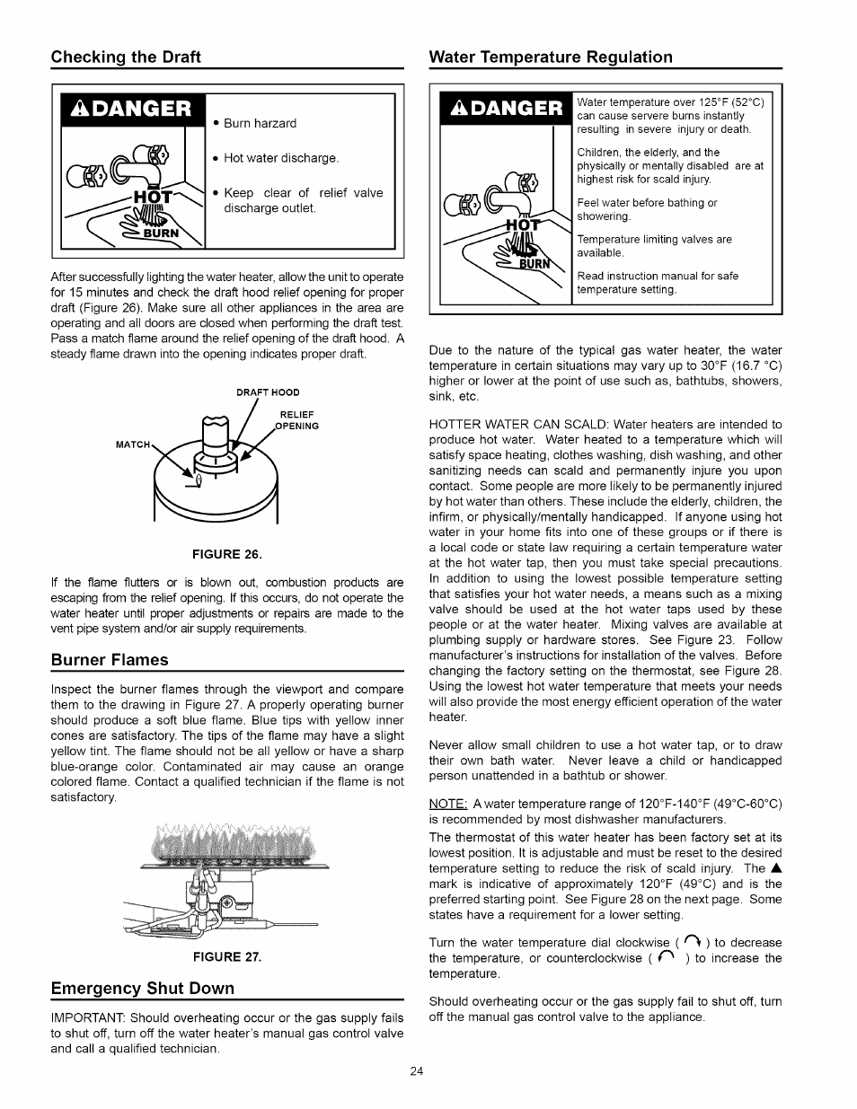 Water temperature regulation, Burner flames, Emergency shut down | Water temperature regulation -25, Adanger, Checking the draft water temperature regulation | Kenmore 153.339432 User Manual | Page 24 / 40
