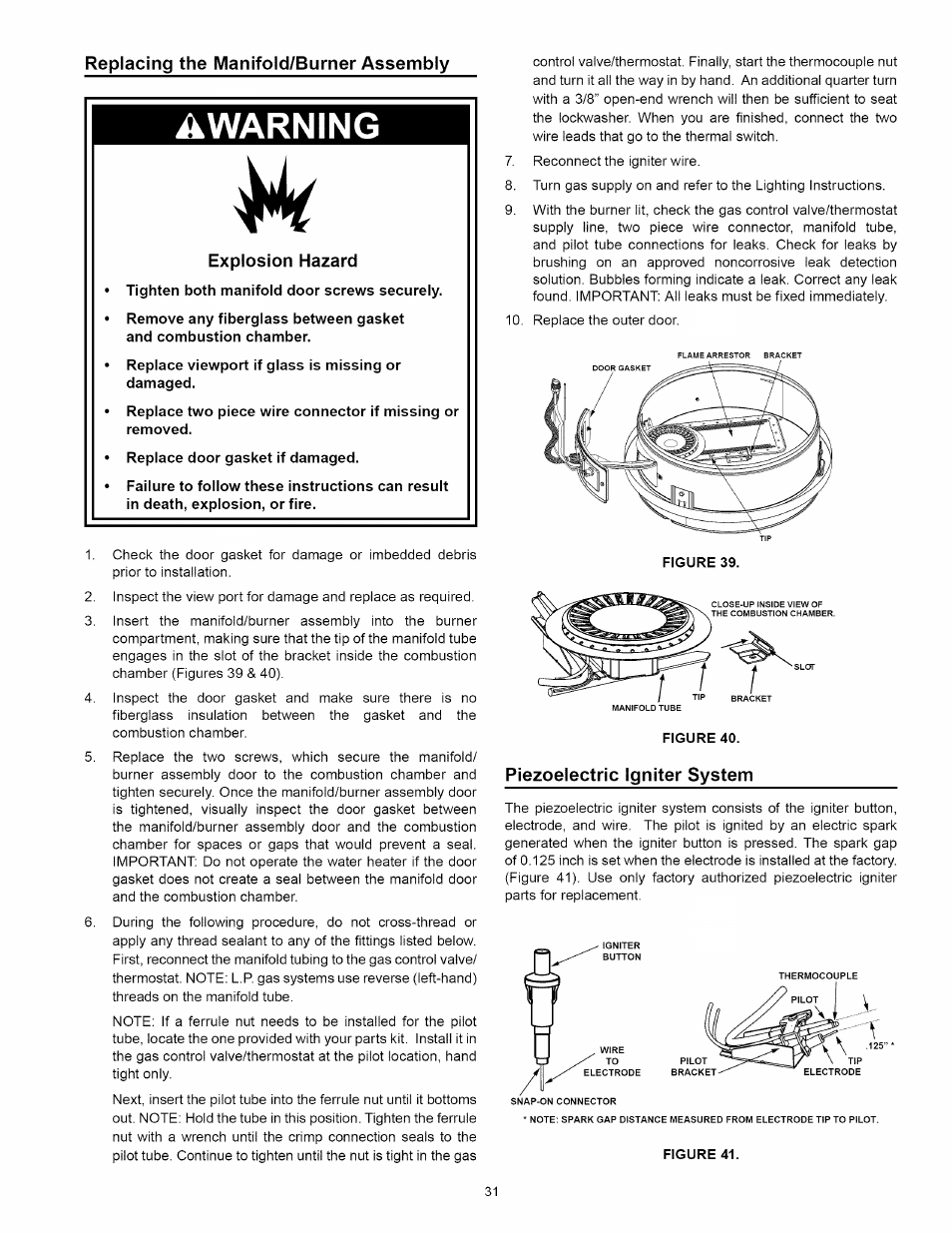 Replacing the manifold/burner assembly, Piezoelectric igniter system, Awarning | Explosion hazard | Kenmore 153.339432 User Manual | Page 31 / 40