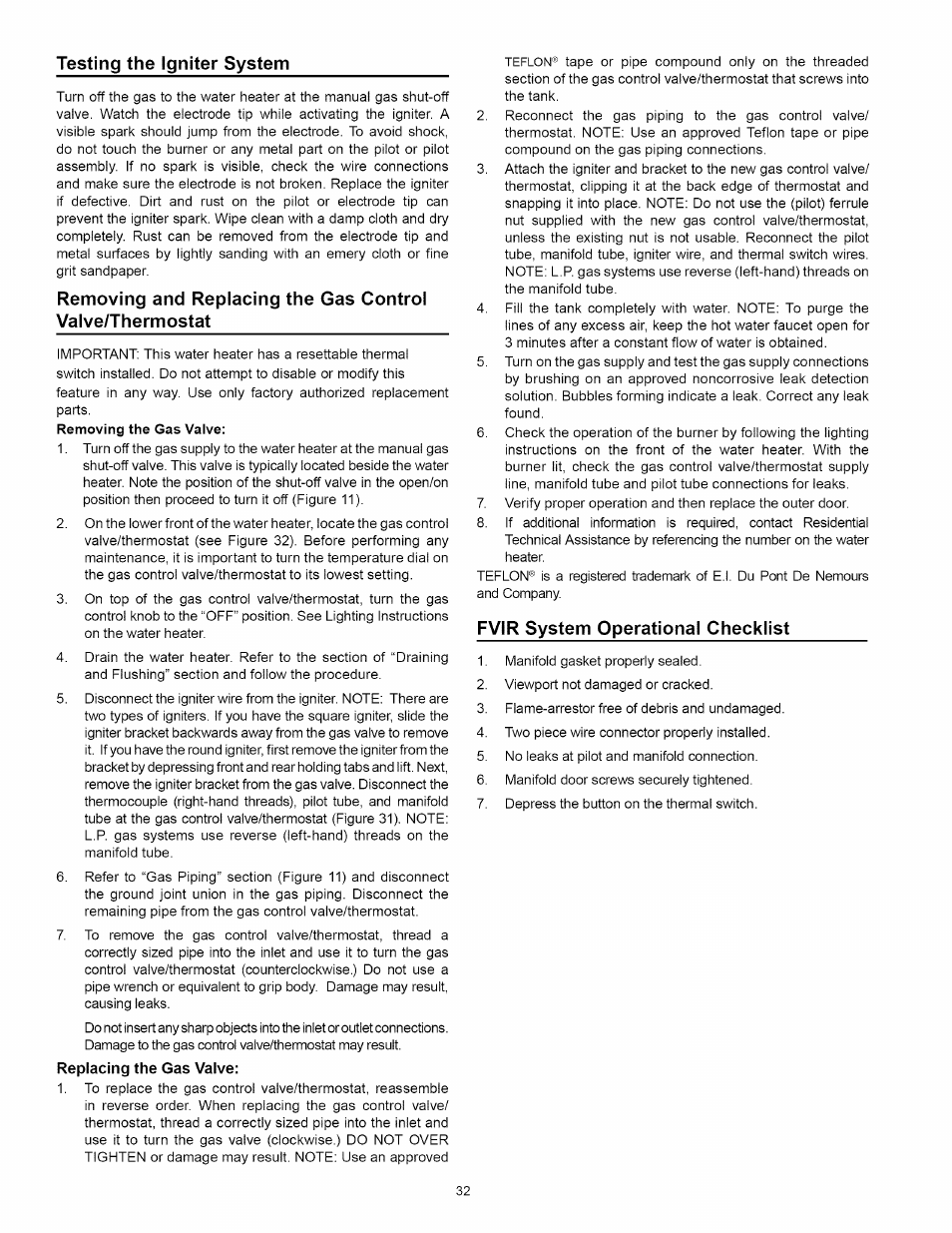 Testing the igniter system, Fvir system operational checklist | Kenmore 153.339432 User Manual | Page 32 / 40