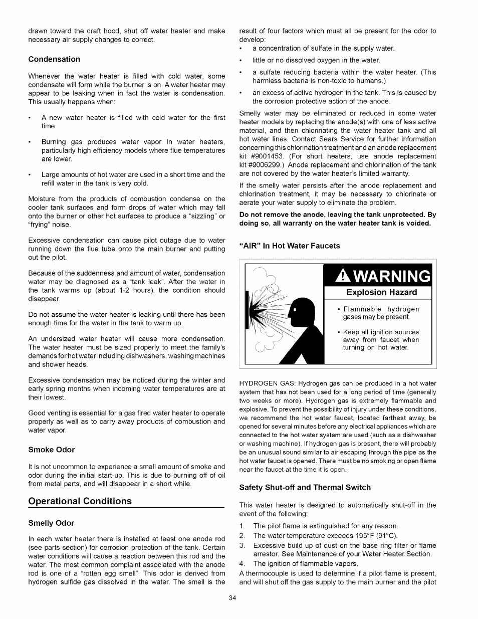 Operational conditions, Operational conditions -35, Awarning | Explosion hazard | Kenmore 153.339432 User Manual | Page 34 / 40