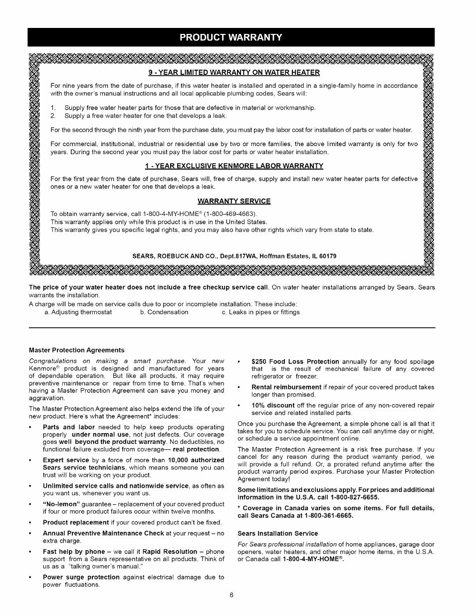 9 - year limited warranty on water heater, 1 - year exclusive kenmore labor warranty, Warranty service | Product warranty | Kenmore 153.339432 User Manual | Page 6 / 40