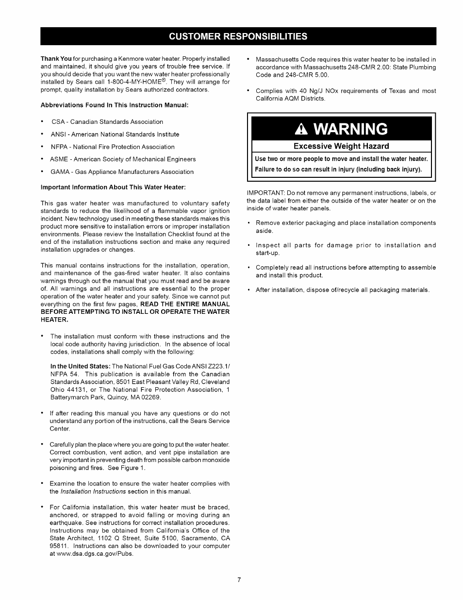 Customer responsibilities, Abbreviations found in this instruction manuai, Important information about this water heater | Warning | Kenmore 153.339432 User Manual | Page 7 / 40