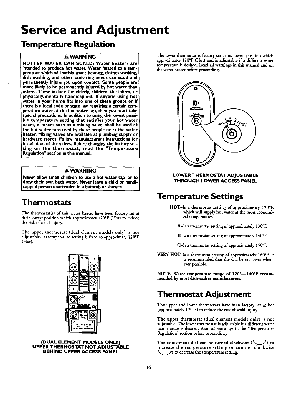 Service and adjustment, Temperature regulation, Awarning | Thermostats, Temperature settings, Thermostat adjustment, Temperature regulation thermostats | Kenmore POWER MISER 153.320390 HT 30 GAL User Manual | Page 16 / 28