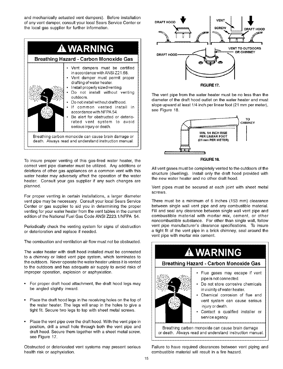Warning, Breathing hazard - carbon monoxide gas | Kenmore POWER MISER 153.336261 User Manual | Page 15 / 32