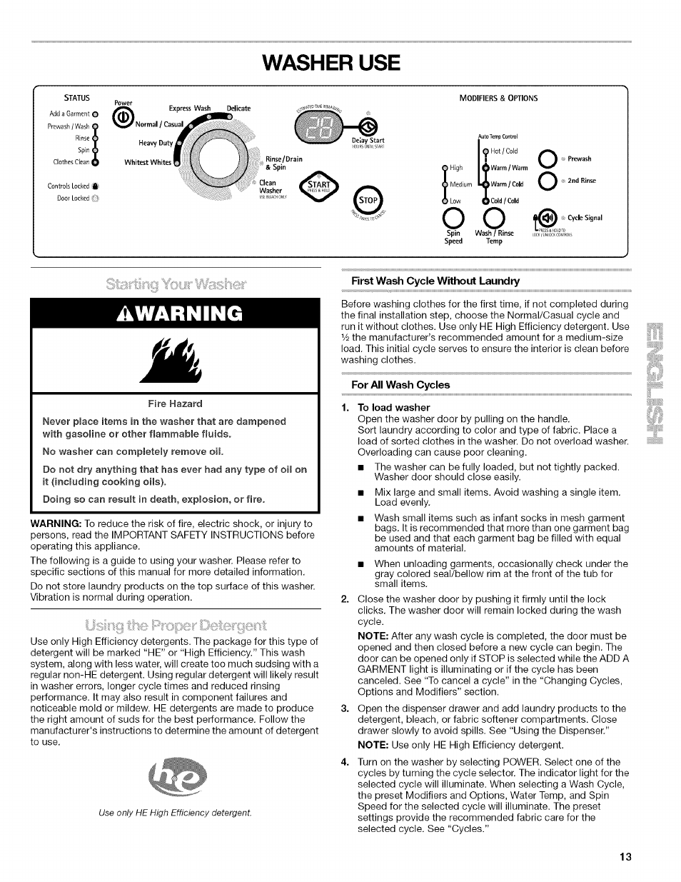 Washer use, Awarning, For all wash cycles | Kenmore HE2 PLUS User Manual | Page 13 / 80