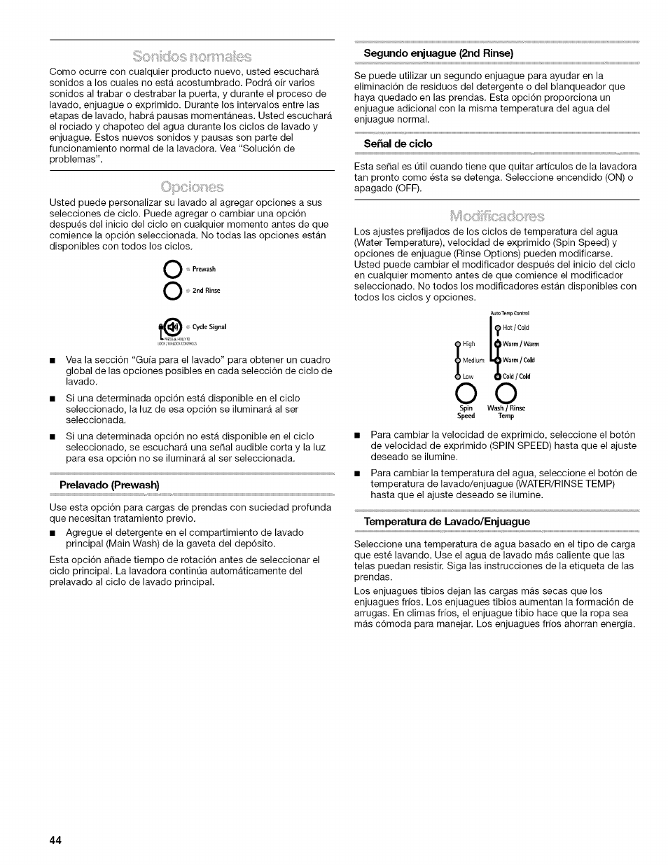 Segundo enjuague (2nd rinse), Prelavado (prewash), Señal de ciclo | Temperatura de lavado/enjuague | Kenmore HE2 PLUS User Manual | Page 44 / 80