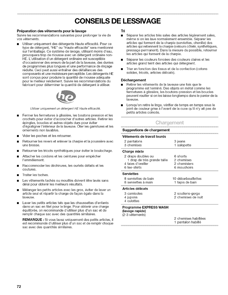 Conseils de lessivage | Kenmore HE2 PLUS User Manual | Page 72 / 80