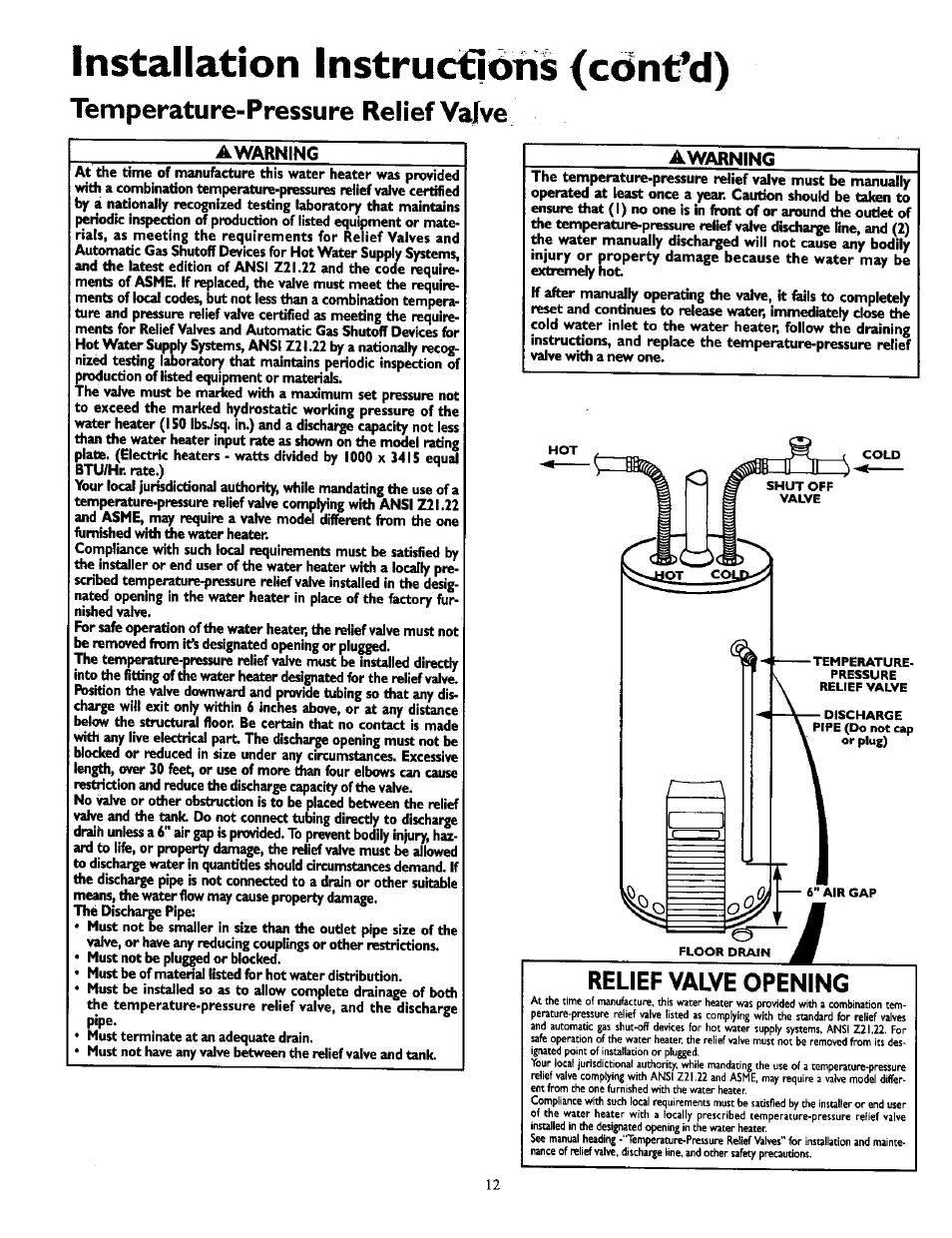 Installation instructions (cdnt^d), Temperature-pressure relief valve, Awarning | Relief valve opening | Kenmore POWER MISER 153.330551 User Manual | Page 12 / 28