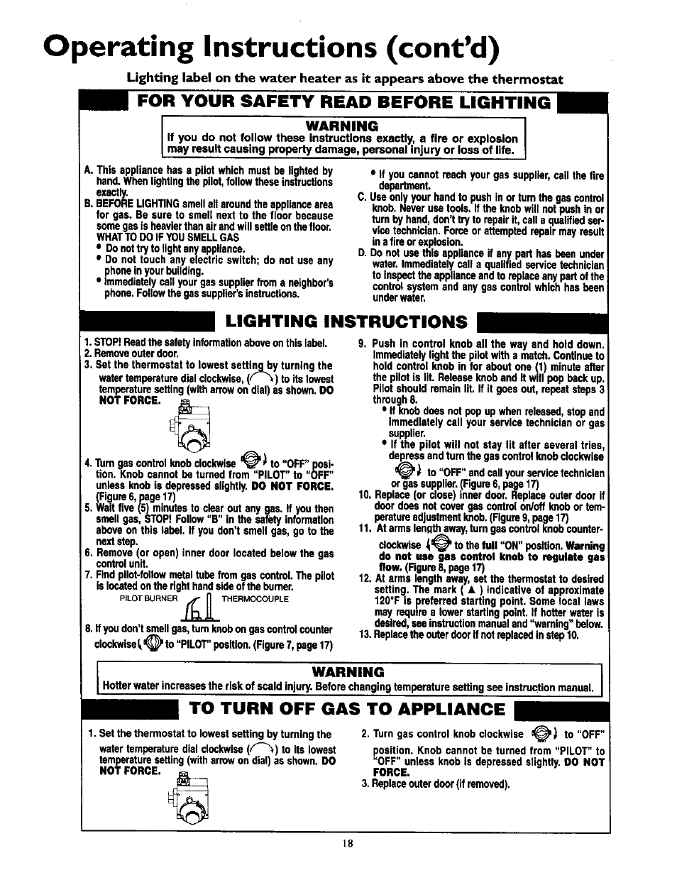 Operating instructions (cont’d), For your safety read before lighting, Lighting instructions | Warhing, Warning | Kenmore POWER MISER 153.330551 User Manual | Page 18 / 28