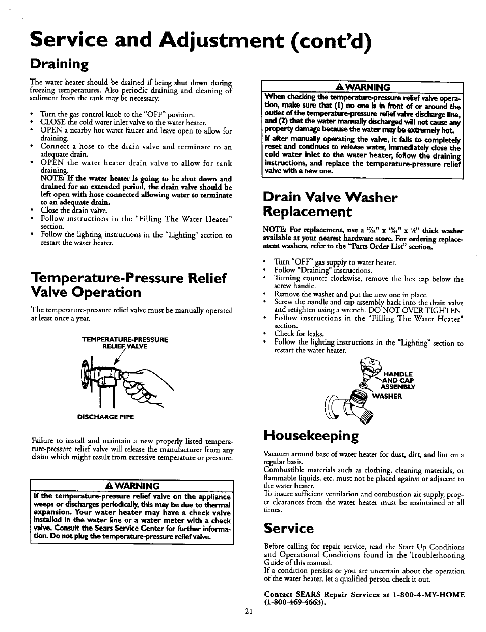 Temperature-pressure relief valve operation, Awarning, Drain valve washer replacement | Housekeeping, Service, Temperature-pressure reliefvalve operation, Service and adjustment (cont’d), Draining | Kenmore POWER MISER 153.330551 User Manual | Page 21 / 28