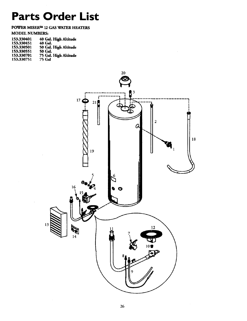 Parts order list | Kenmore POWER MISER 153.330551 User Manual | Page 26 / 28