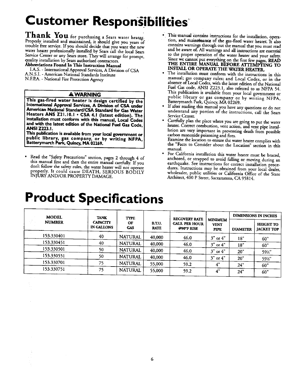 Customer responsibilities, Product specifications | Kenmore POWER MISER 153.330551 User Manual | Page 6 / 28