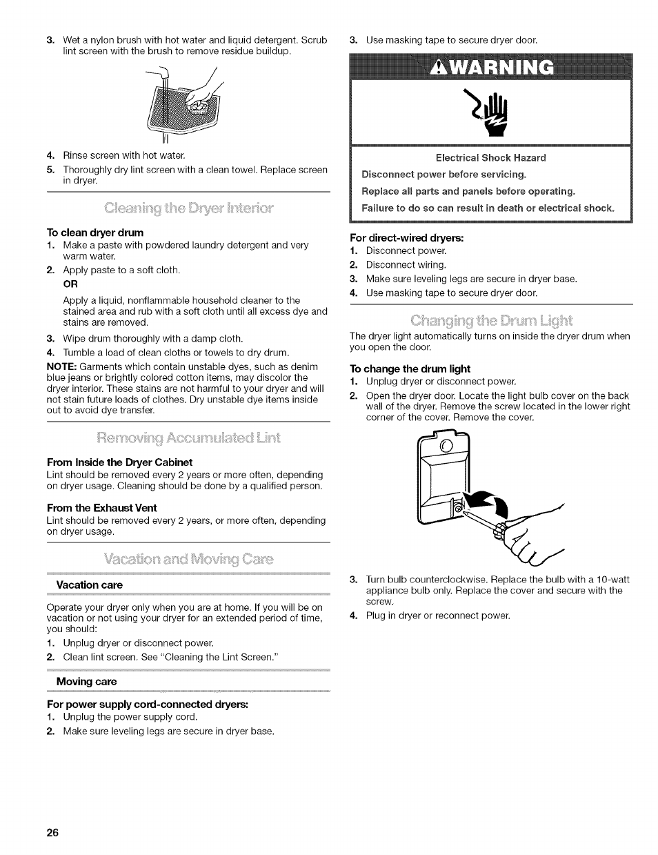 To clean dryer drum, From the exhaust vent, Vacation care | For direct-wired dryers, To change the drum light, Moving care, For power supply cord-connected dryers, Changing the drum light, Liryisr' ktimm | Kenmore 110.8509# User Manual | Page 26 / 60
