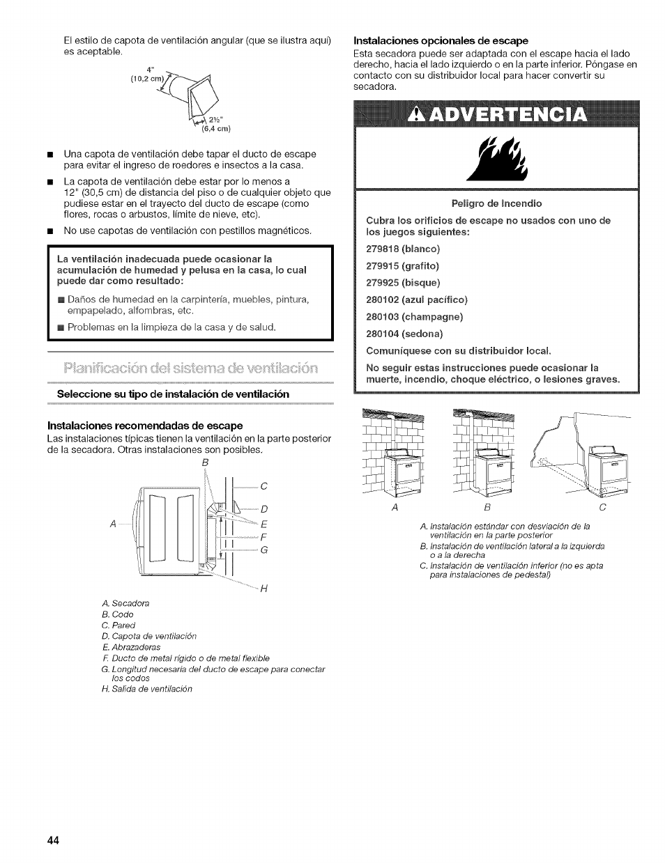 Seleccione su tipo de instalación de ventilación, Instalaciones recomendadas de escape, Ikadvertenci | Kenmore 110.8509# User Manual | Page 44 / 60