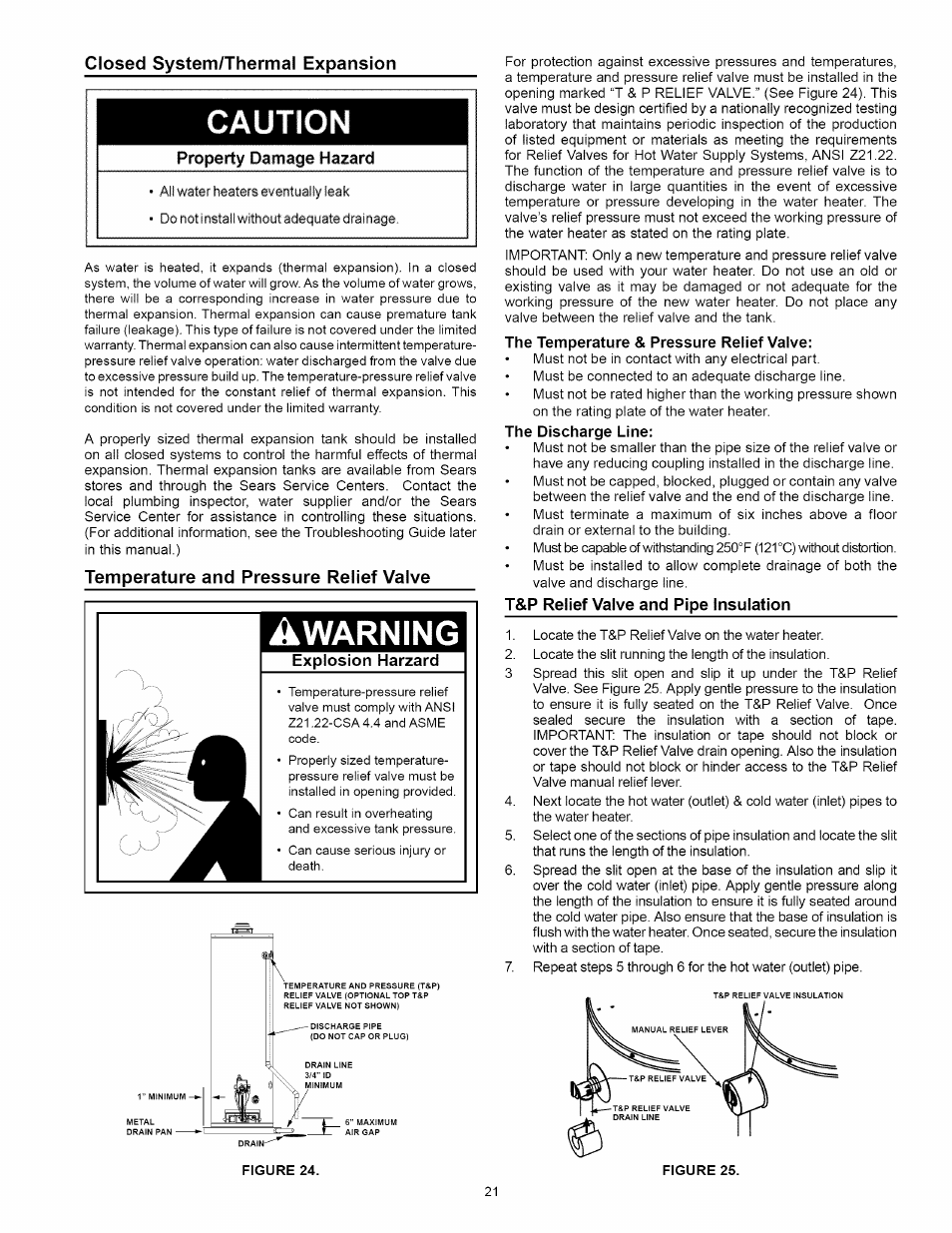Closed system/thermal expansion, Temperature and pressure relief valve, Warning | Kenmore 153:331472 User Manual | Page 21 / 40