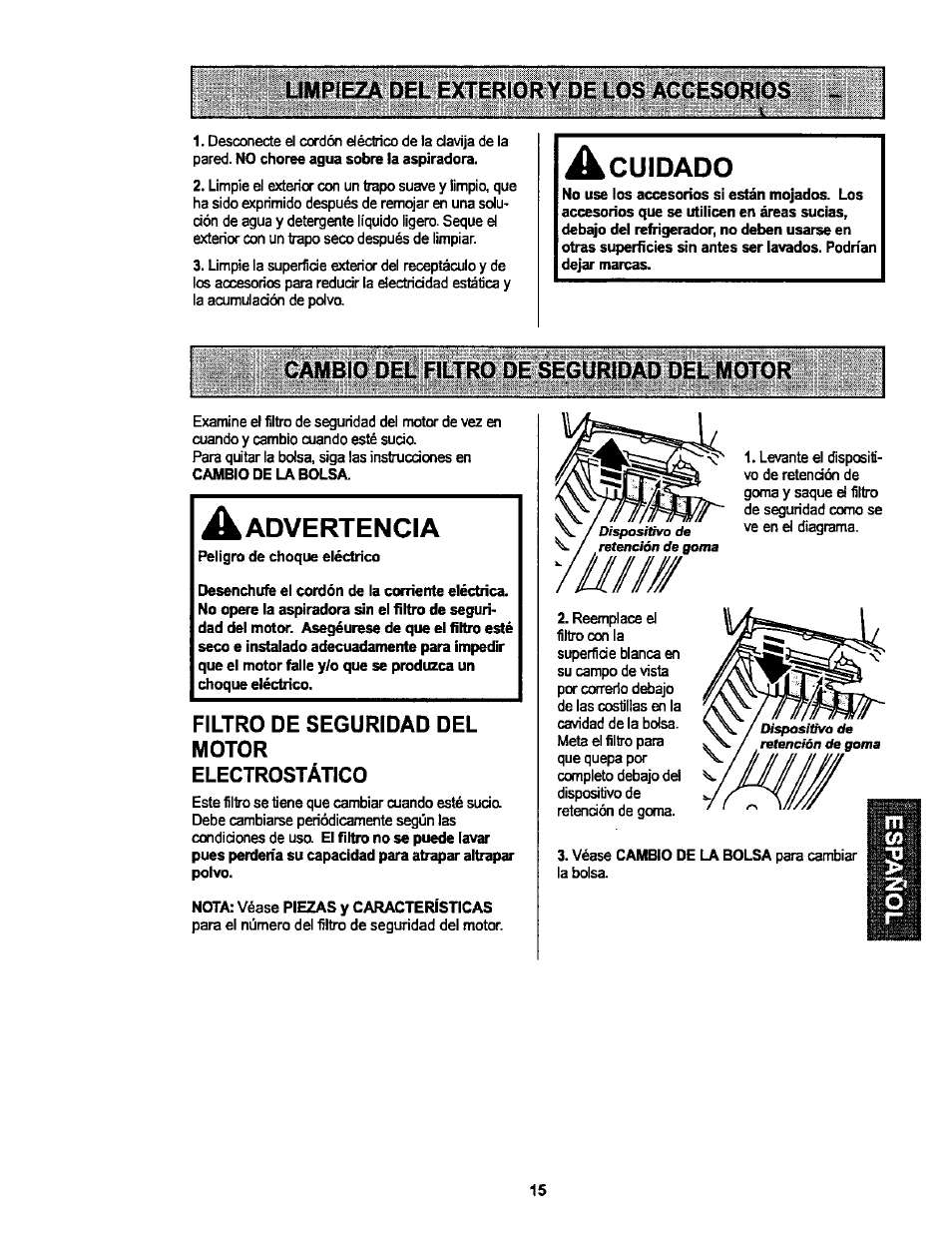 Limpieza del exteriory de los accesorios, Cambio del filtro de seguridad del motor, Filtro de seguridad del motor | Nota: véase piezas y características, Cuidado, Advertencia | Kenmore ASPIRADORA 116.25914 User Manual | Page 37 / 44