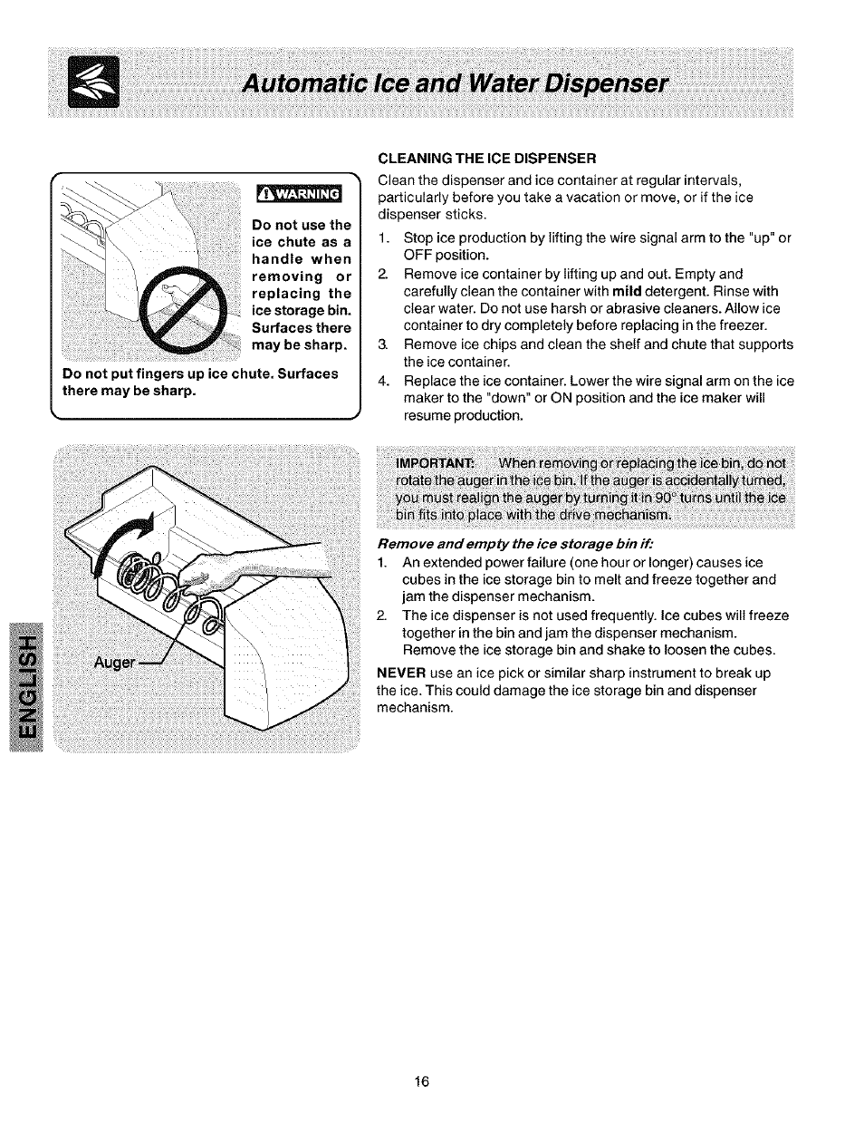 Automatic ¡ce and water dispens, Cleaning the ice dispenser | Kenmore 25353222301 User Manual | Page 16 / 25