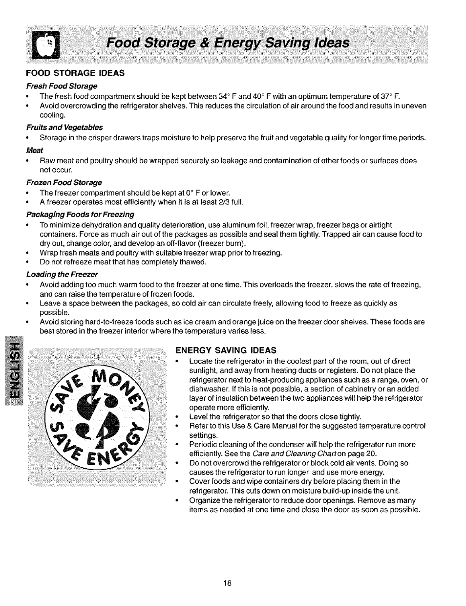 Food storage & energy saving ideaá, Energy saving ideas | Kenmore 25353222301 User Manual | Page 18 / 25