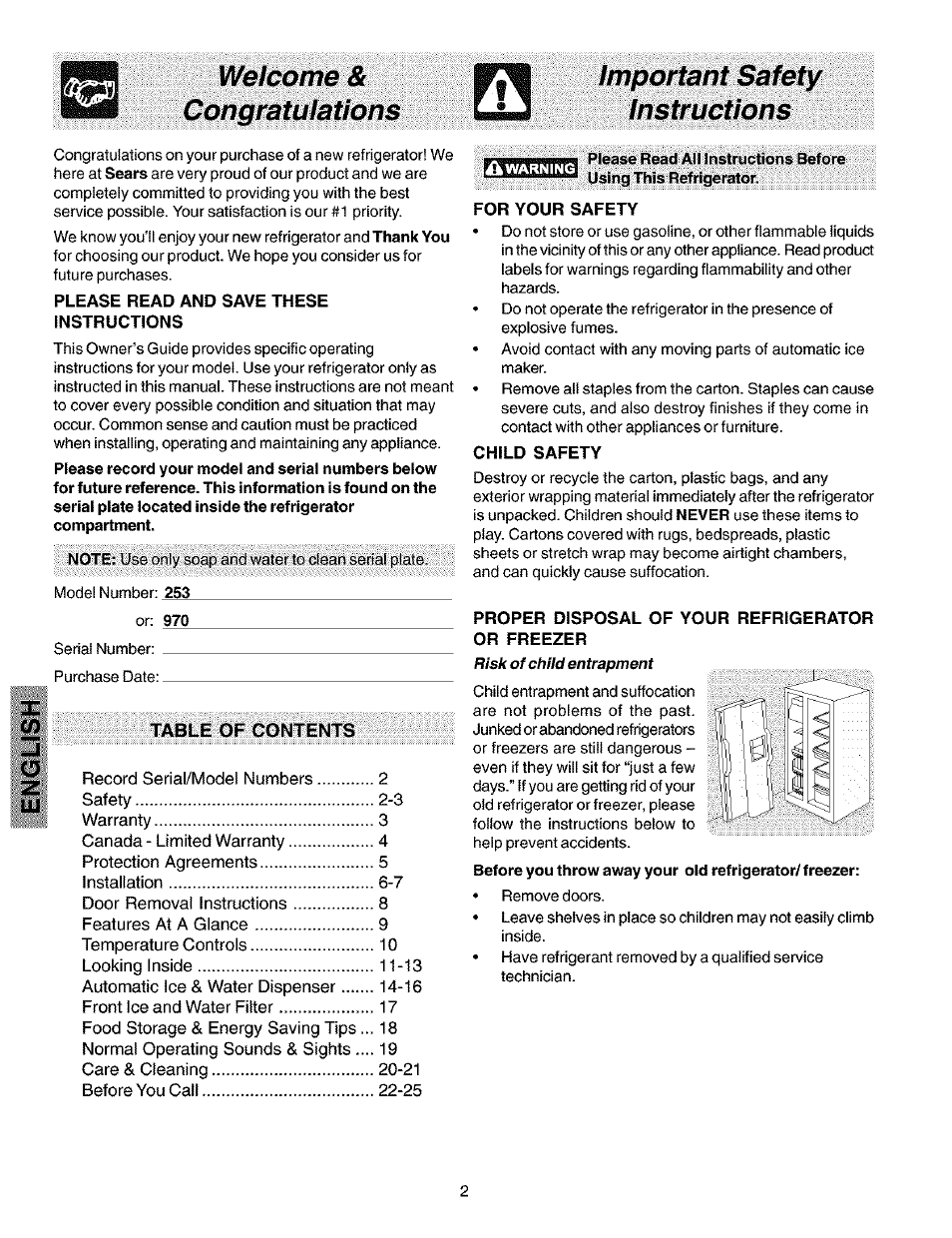 Welcome & congratulations, Please read and save these instructions, For your safety | Child safety | Kenmore 25353222301 User Manual | Page 2 / 25