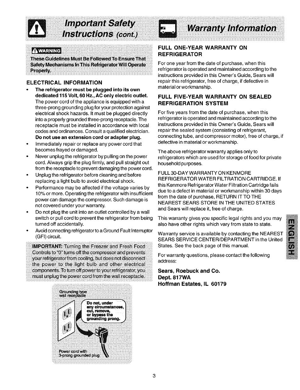 Important safety instructions (cont), Electrical information, Full one-year warranty on refrigerator | Important safety instructions | Kenmore 25353222301 User Manual | Page 3 / 25