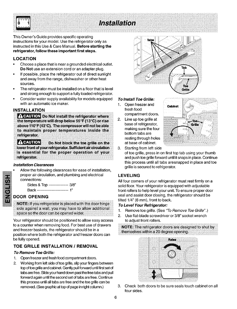 Installation, Location, Door opening | Leveling, Z lu | Kenmore 25353222301 User Manual | Page 6 / 25