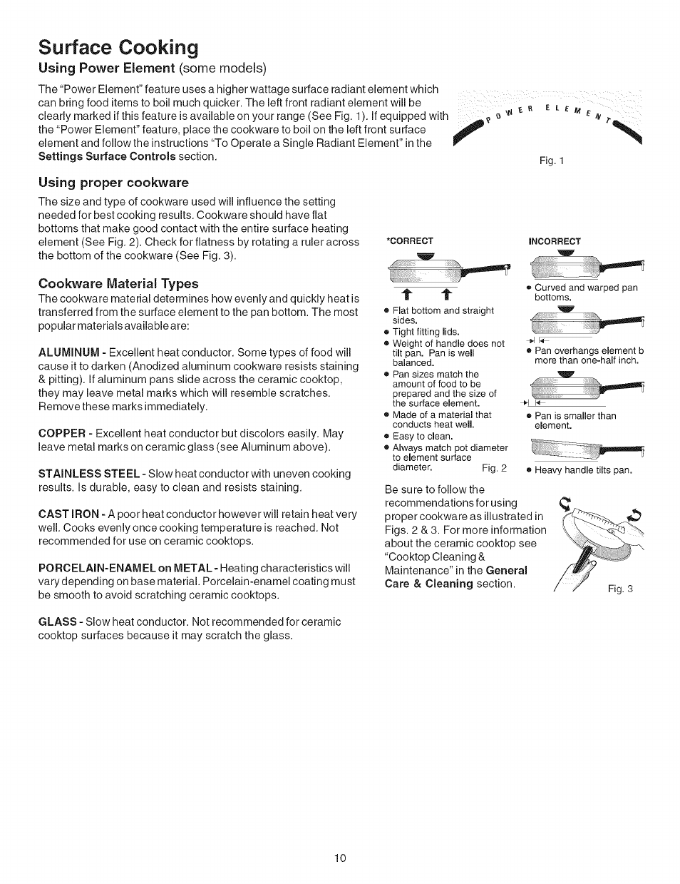 Surface cooking, Using power element (some models), Using proper cookware | Cookware material types | Kenmore 790.9602 User Manual | Page 10 / 24