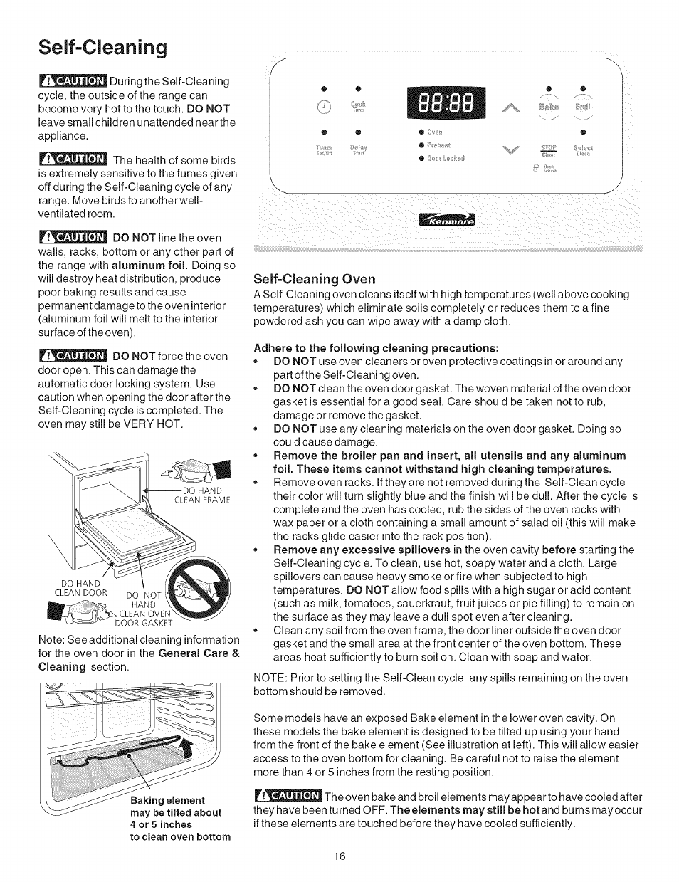 Self-cleaning, Self-cleaning oven, Adhere to the following cleaning precautions | Kenmore 790.9602 User Manual | Page 16 / 24
